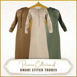 Omani Stitch Thobes Sale UK. Buy Best Price Omani Men Thobes Online for Jummah, Eid Namaz & Islamic Event. Black, White, Gray, Tan, Khaki, Ash, Wine, Brown, Blue Jubba & Kandura
