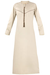 Khaki - Omani Thobe Design 4 Premium Fabric Embroidered With Tassel For Any Occasion