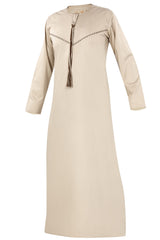 Khaki - Omani Thobe Design 4 Premium Fabric Embroidered With Tassel For Any Occasion