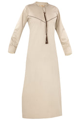 Khaki - Omani Thobe Design 4 Premium Fabric Embroidered With Tassel For Any Occasion