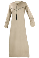 Tan - Omani Thobe Design 4 Premium Fabric Embroidered With Tassel For Any Occasion