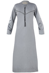 Light Grey - Omani Thobe Design 4 Premium Fabric Embroidered With Tassel For Any Occasion
