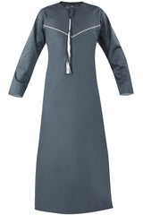 Grey - Omani Thobe Design 3 Premium Fabric Embroidered With Tassel For Any Occasion