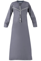 Omani Embroidery Thobe for Sale UK With Tassel color Light Ash Buy Royal Premium Fabric Gulf Style for Jummah Namaz, Eid Prayer