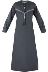 Omani Embroidery Thobe for Sale UK With Tassel color Pewter Buy Royal Premium Fabric Gulf Style for Jummah Namaz, Eid Prayer