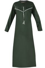Omani Embroidery Mens Thobe for Sale UK Online With Tassel color Dark Green Royal Premium Fabric Gulf Style for Jummah Namaz, Eid Prayer