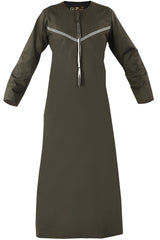 Omani Embroidery Mens Thobe With Tassel color Brown Premium Fabric Gulf Style for Jummah Namaz, Eid Prayer