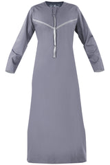 Omani Embroidery Mens Thobe With Tassel color Heather Premium Fabric Gulf Style for Jummah Namaz, Eid Prayer