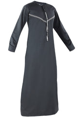 Omani Embroidery Thobe for Sale UK With Tassel color Pewter Buy Royal Premium Fabric Gulf Style for Jummah Namaz, Eid Prayer