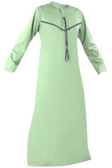 Omani Embroidery Mens Thobe With Tassel color Jade Premium Fabric Gulf Style for Jummah Namaz, Eid Prayer