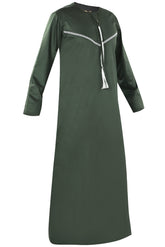 Omani Embroidery Mens Thobe for Sale UK Online With Tassel color Dark Green Royal Premium Fabric Gulf Style for Jummah Namaz, Eid Prayer
