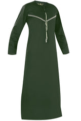 Omani Embroidery Mens Thobe With Tassel color Hunter Premium Fabric Gulf Style for Jummah Namaz, Eid Prayer