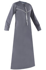 Omani Embroidery Thobe for Sale UK With Tassel color Light Ash Buy Royal Premium Fabric Gulf Style for Jummah Namaz, Eid Prayer