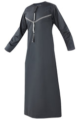 Omani Embroidery Thobe for Sale UK With Tassel color Pewter Buy Royal Premium Fabric Gulf Style for Jummah Namaz, Eid Prayer