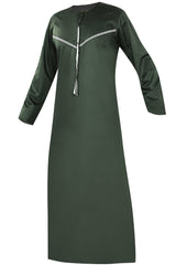 Omani Embroidery Mens Thobe for Sale UK Online With Tassel color Dark Green Royal Premium Fabric Gulf Style for Jummah Namaz, Eid Prayer