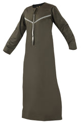 Omani Embroidery Mens Thobe With Tassel color Brown Premium Fabric Gulf Style for Jummah Namaz, Eid Prayer