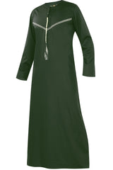 Omani Embroidery Mens Thobe With Tassel color Hunter Premium Fabric Gulf Style for Jummah Namaz, Eid Prayer