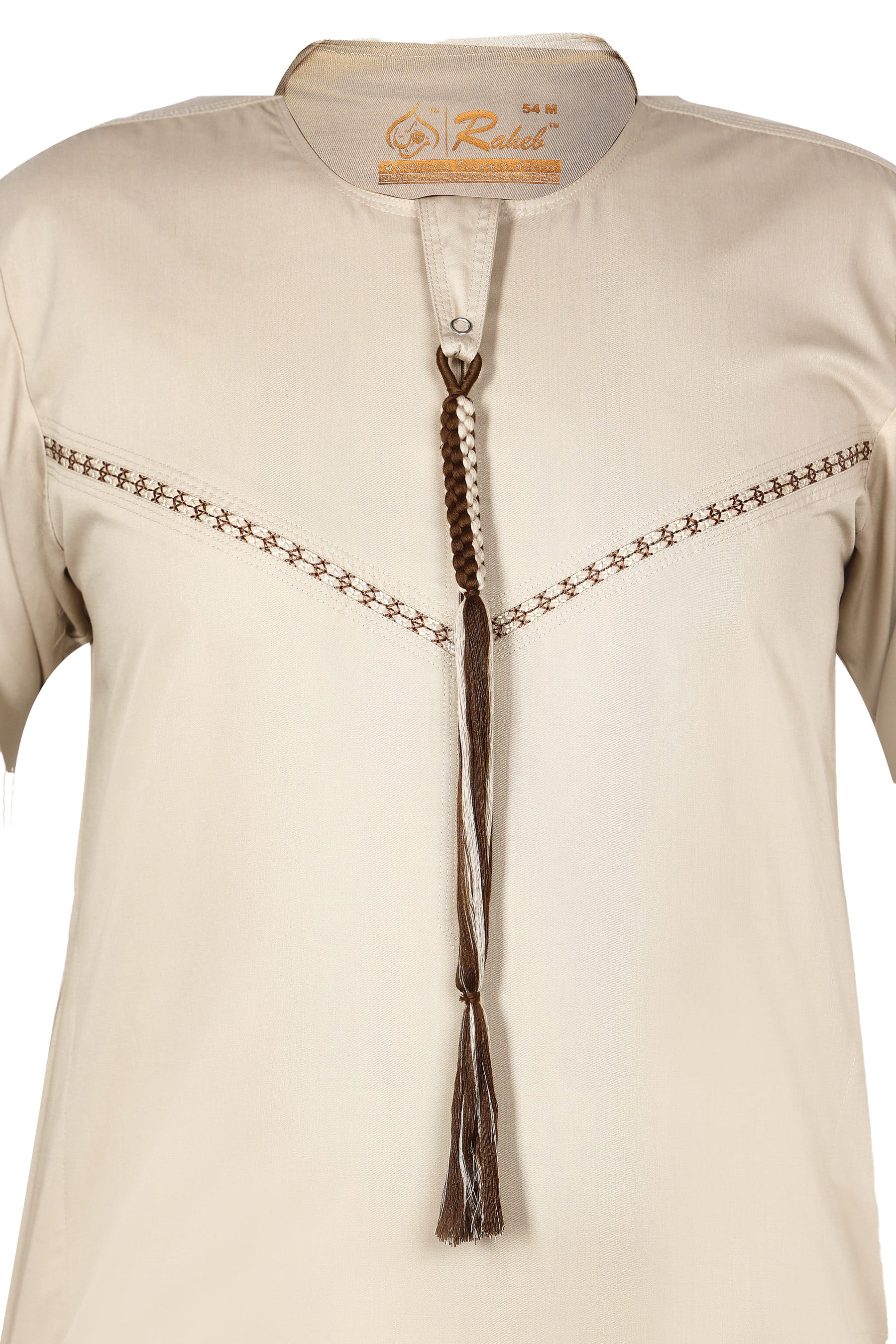Khaki - Omani Thobe Design 4 Premium Fabric Embroidered With Tassel For Any Occasion