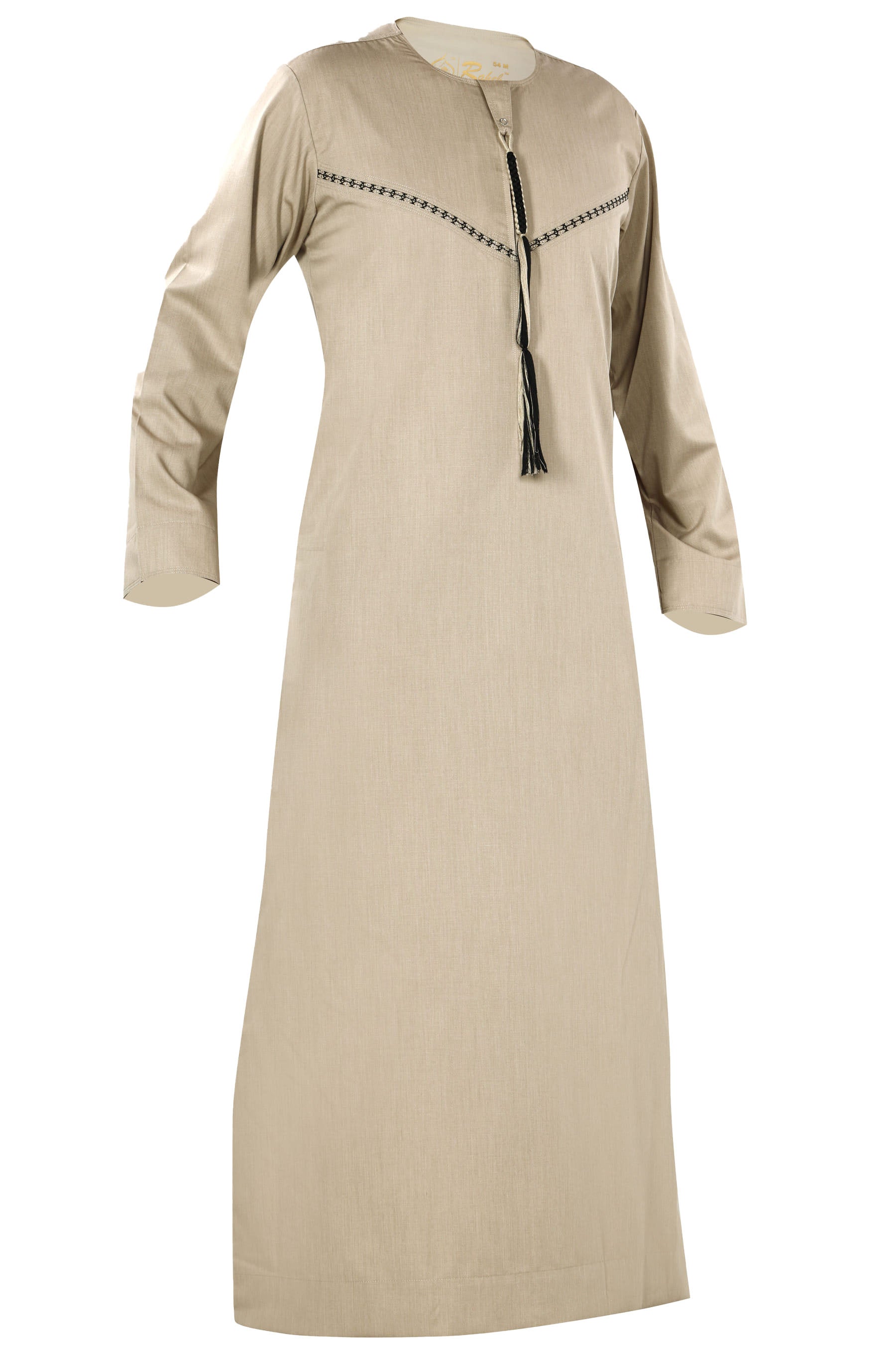 Tan - Omani Thobe Design 4 Premium Fabric Embroidered With Tassel For Any Occasion