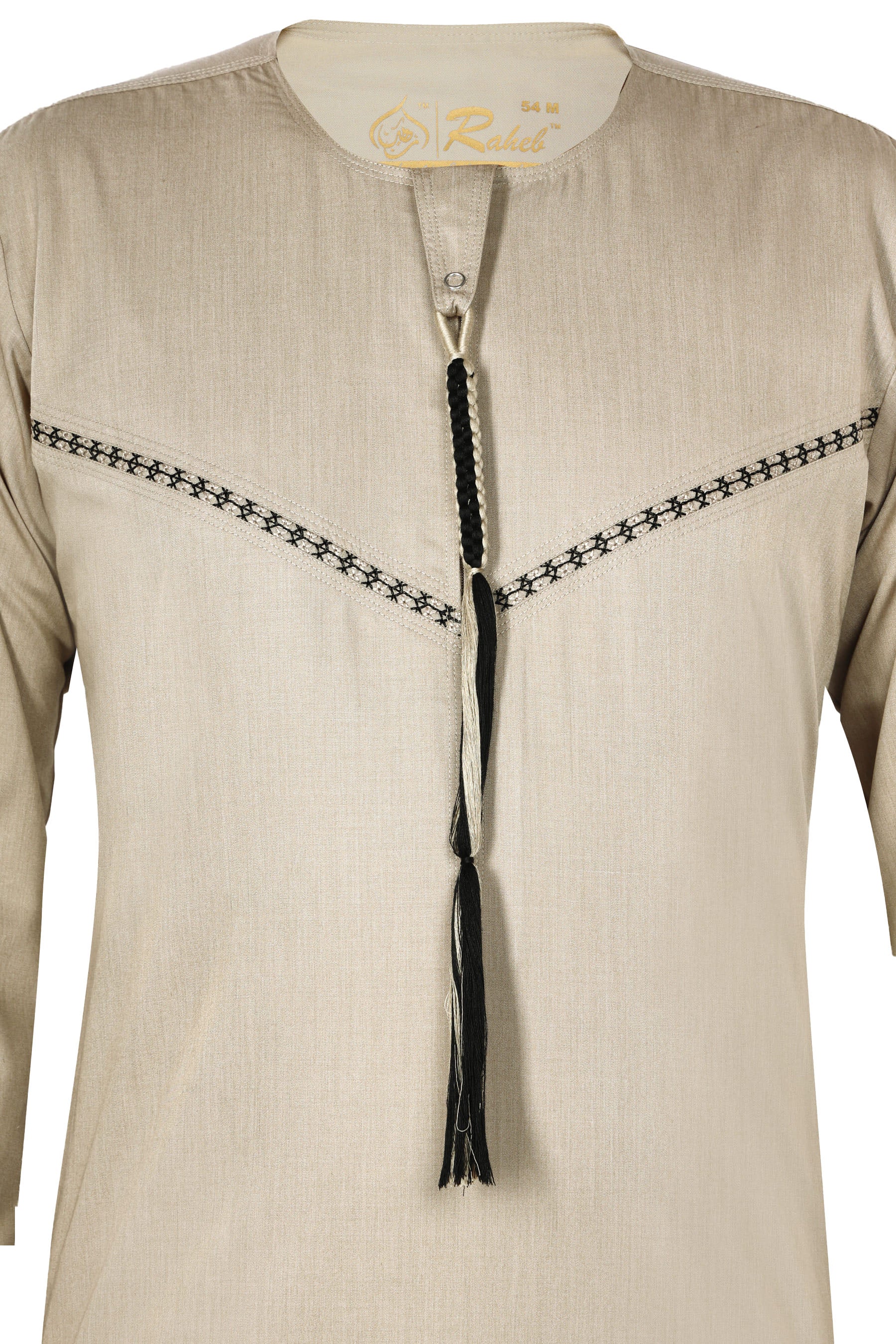 Tan - Omani Thobe Design 4 Premium Fabric Embroidered With Tassel For Any Occasion