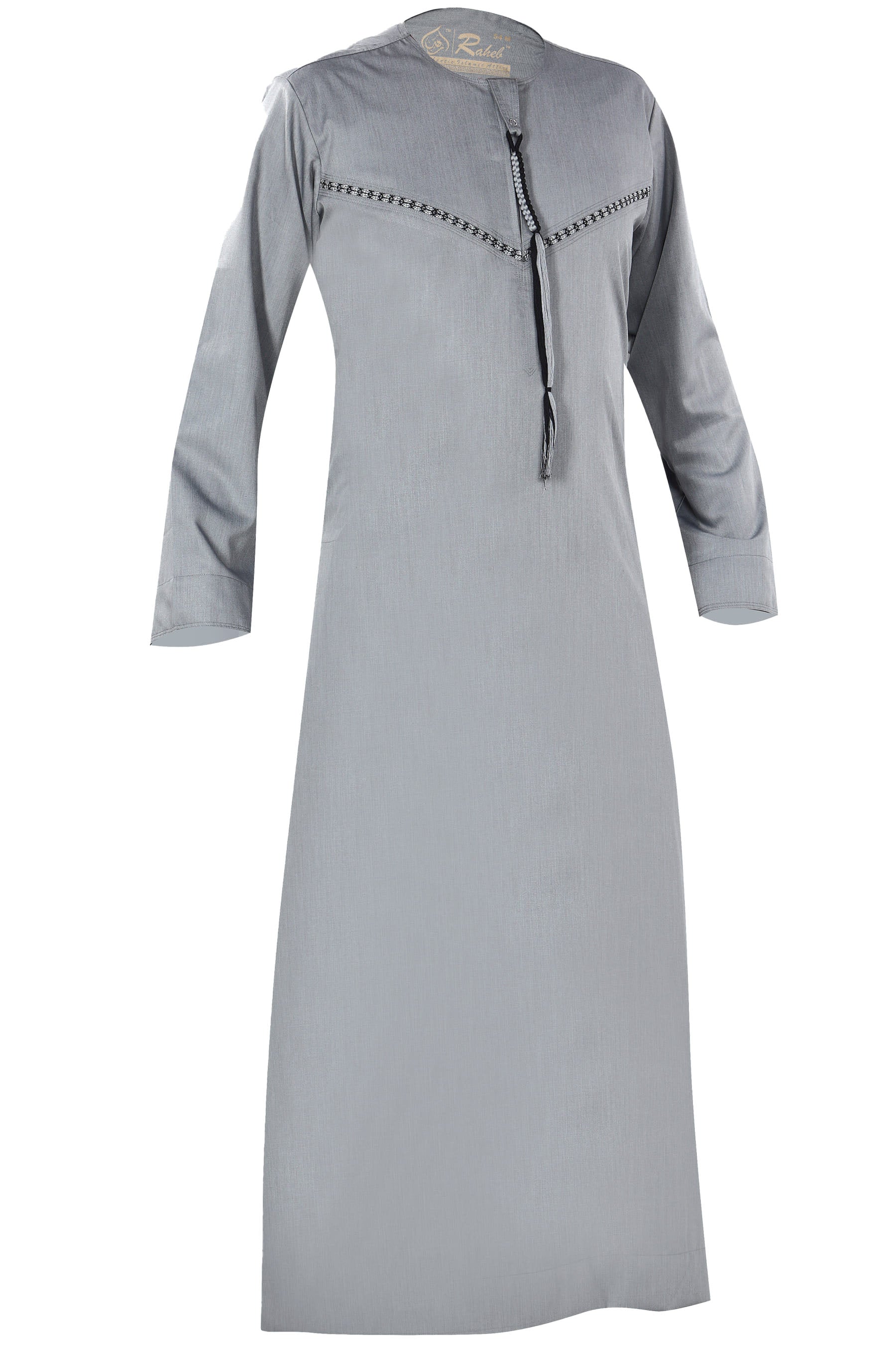 Light Grey - Omani Thobe Design 4 Premium Fabric Embroidered With Tassel For Any Occasion