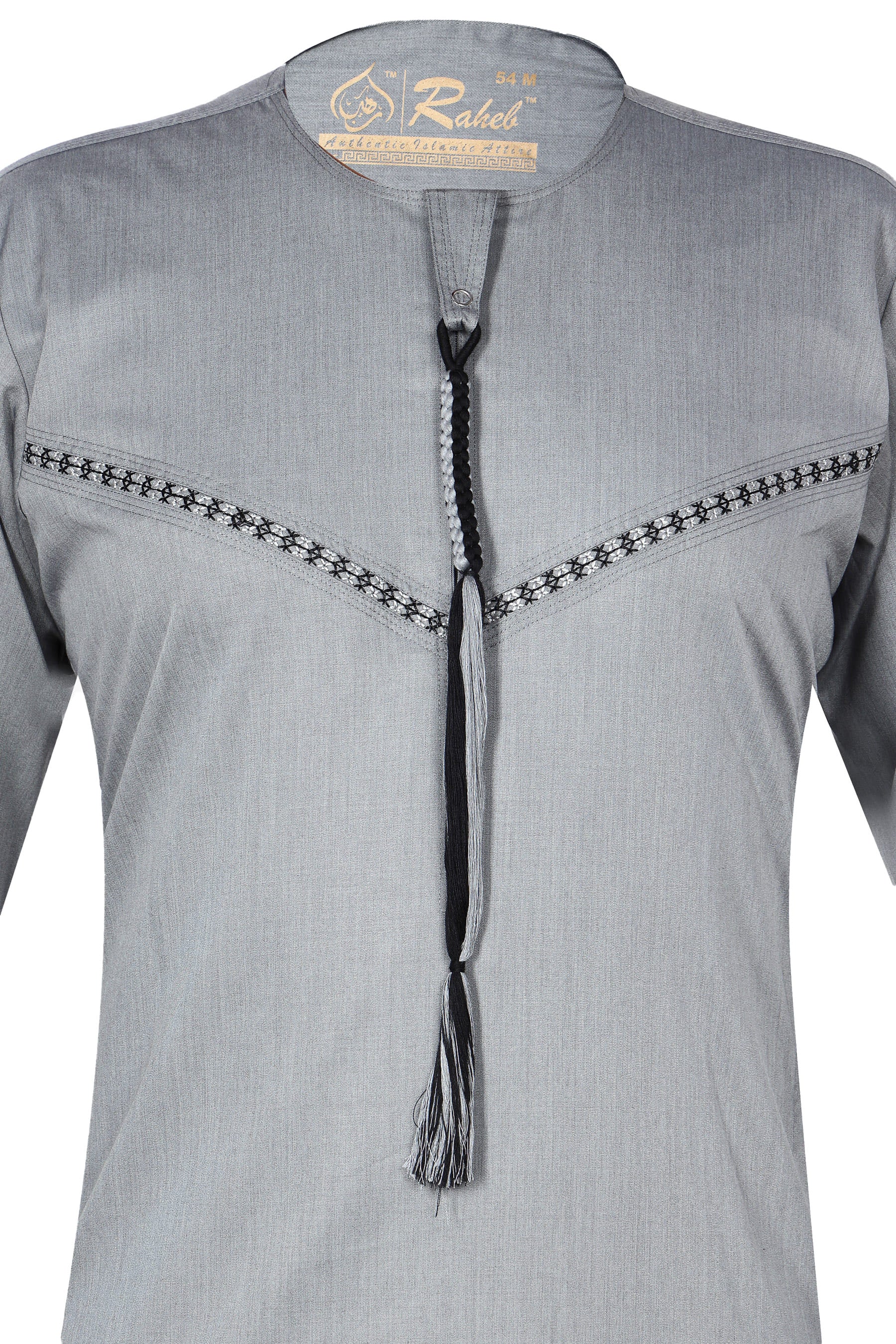 Light Grey - Omani Thobe Design 4 Premium Fabric Embroidered With Tassel For Any Occasion