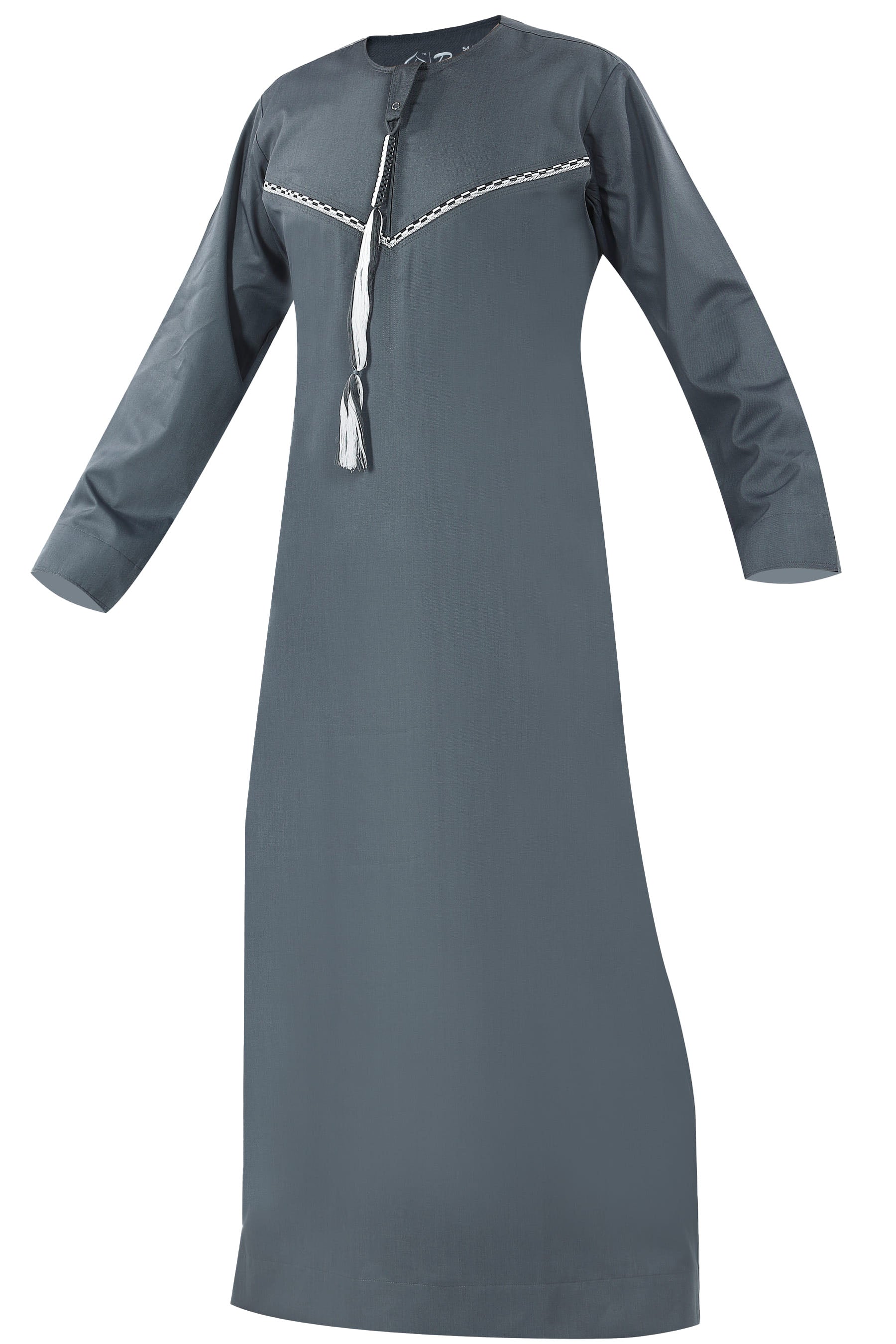 Grey - Omani Thobe Design 3 Premium Fabric Embroidered With Tassel For Any Occasion