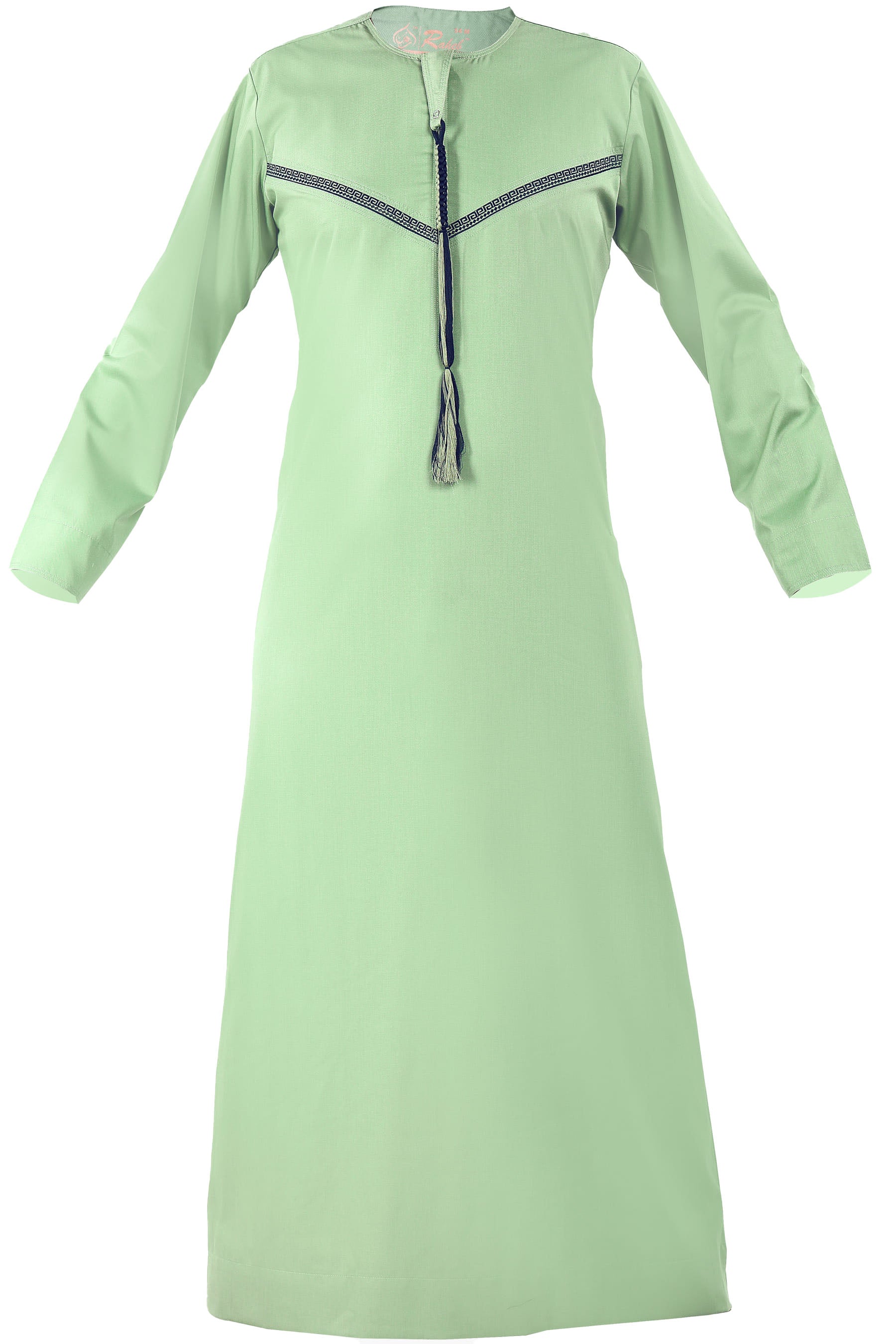 Omani Embroidery Mens Thobe With Tassel color Jade Premium Fabric Gulf Style for Jummah Namaz, Eid Prayer