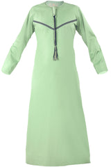 Omani Embroidery Mens Thobe With Tassel color Jade Premium Fabric Gulf Style for Jummah Namaz, Eid Prayer
