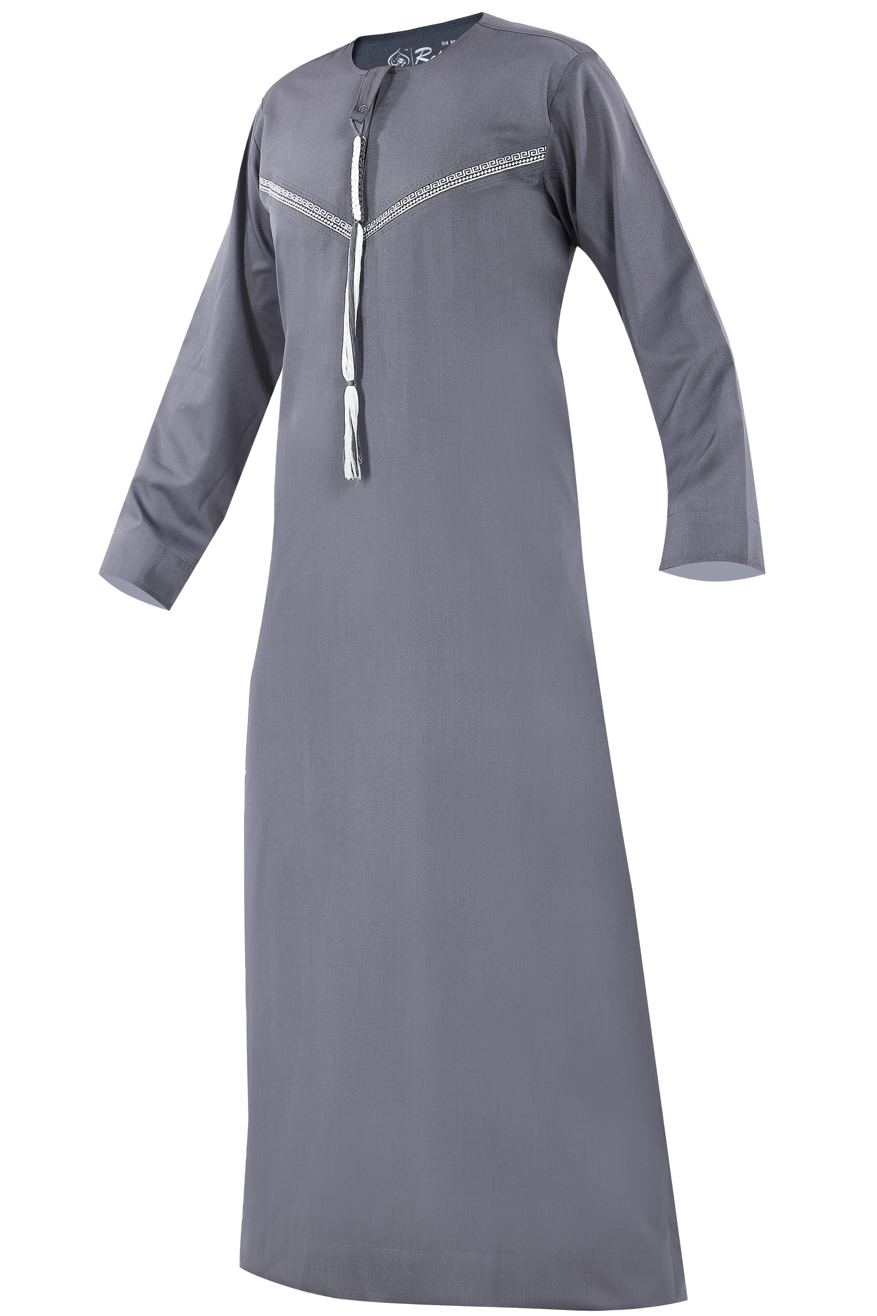 Omani Embroidery Thobe for Sale UK With Tassel color Light Ash Buy Royal Premium Fabric Gulf Style for Jummah Namaz, Eid Prayer