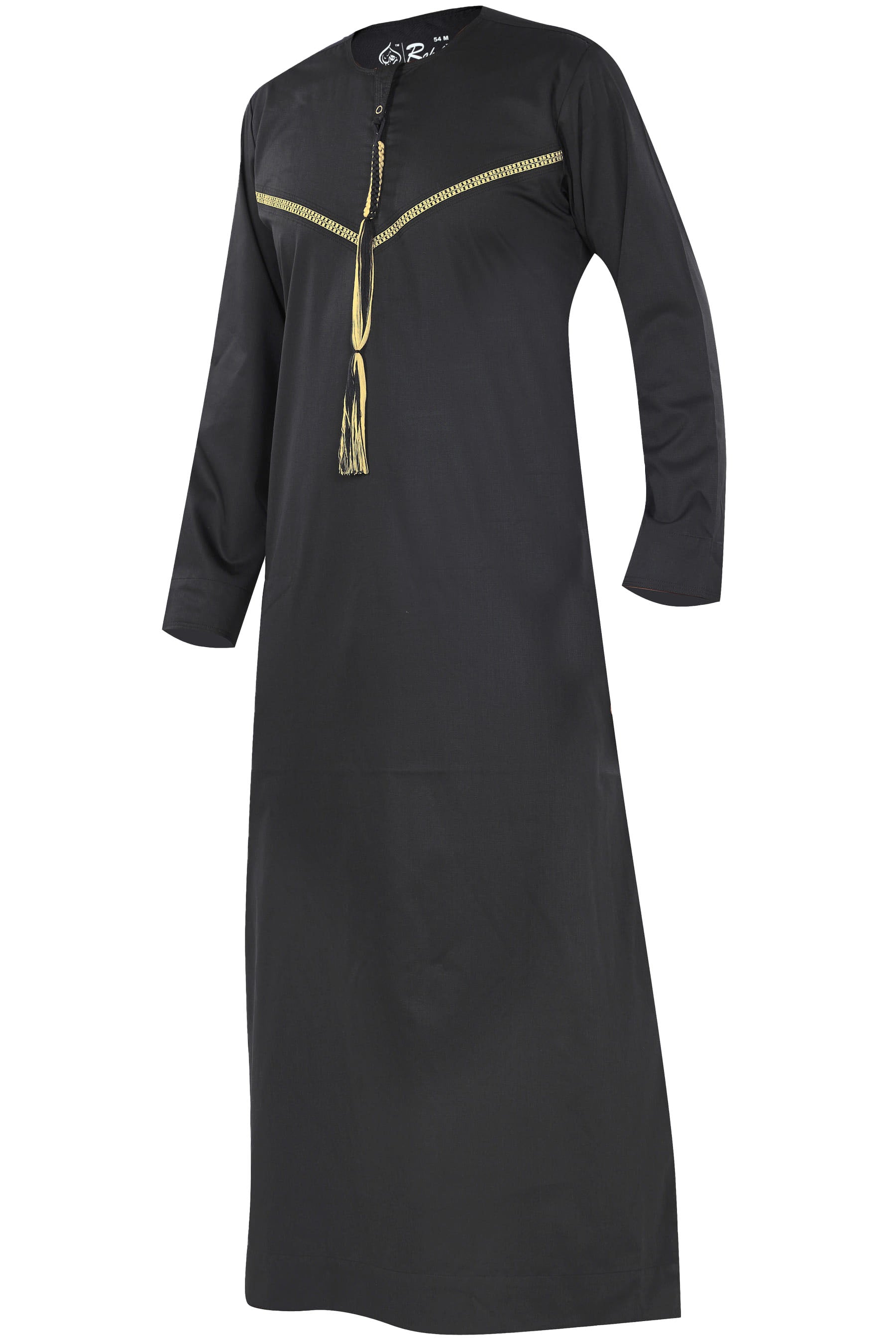Omani Embroidery Mens Thobe for Sale UK Online With Tassel Color Black Royal Premium Fabric Gulf Style for Jummah Namaz, Eid Prayer