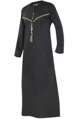 Omani Embroidery Mens Thobe for Sale UK Online With Tassel Color Black Royal Premium Fabric Gulf Style for Jummah Namaz, Eid Prayer