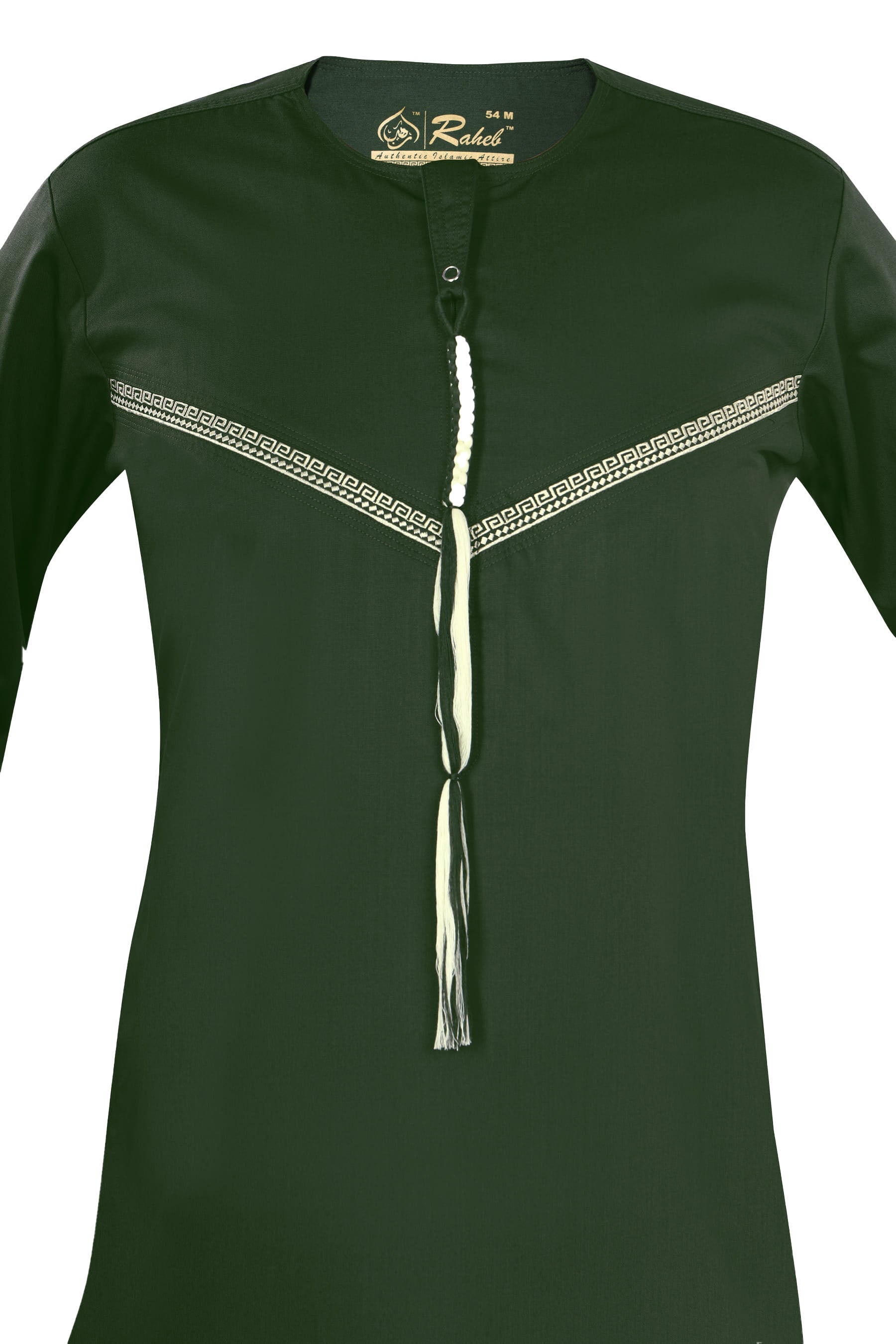 Omani Embroidery Mens Thobe With Tassel color Hunter Premium Fabric Gulf Style for Jummah Namaz, Eid Prayer